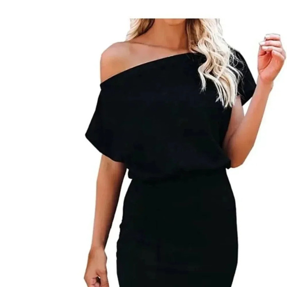 SHORT SLEEVE OFF THE SHOULDER RUCHED SKIRT BODYCON DRESS SIZE M BLACK - Picture 12 of 12